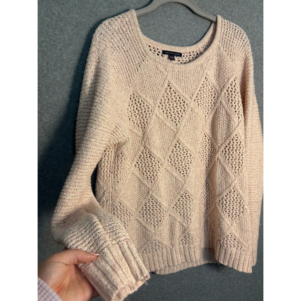 American Eagle Women's Light Pink Diamond Knit Sweater XL Wool Blend Fisherman